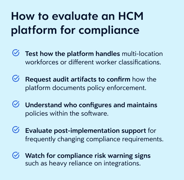Dayforce_CompGuide_Chapter7_Image-2-V1.webp Infographic checklist explaining how to evaluate an HCM platform for compliance.