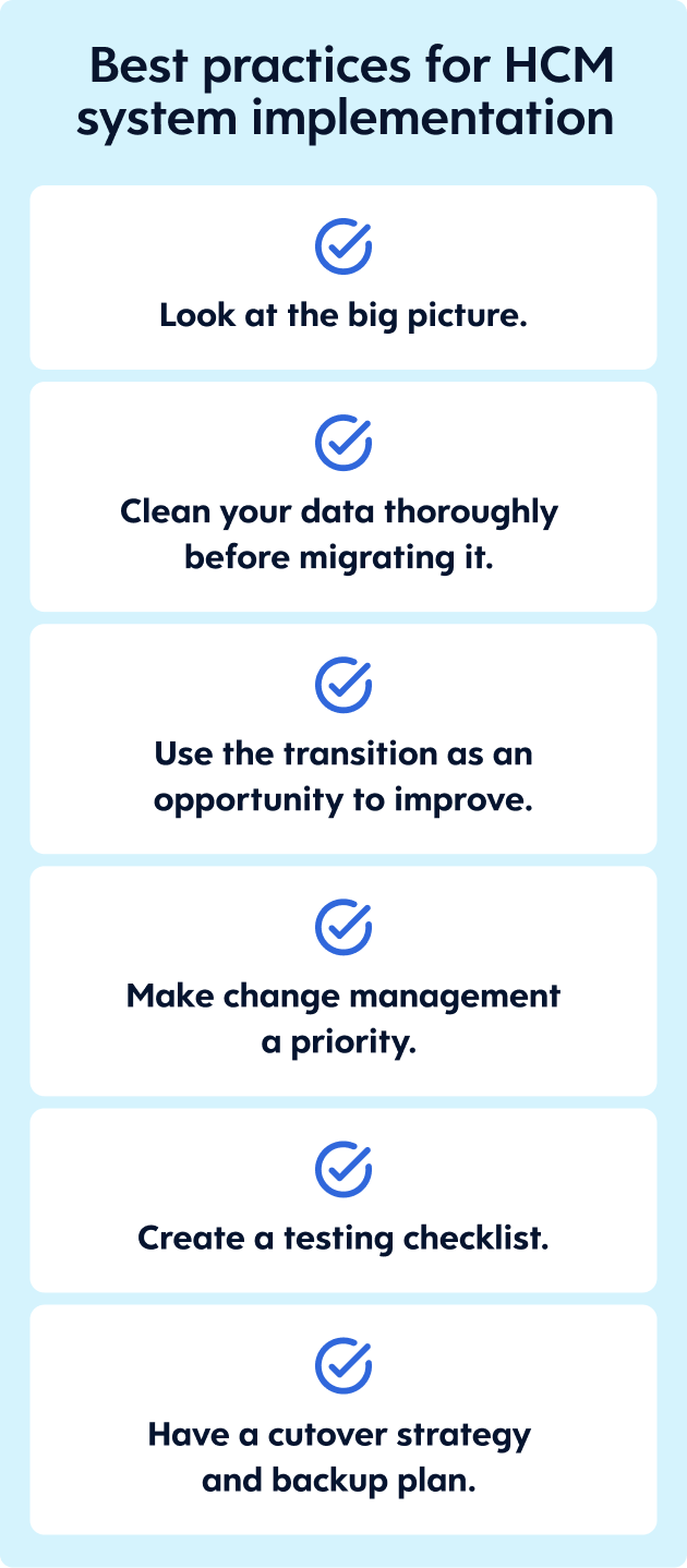 Dayforce_CompGuide_Chapter6_Image-3.webp Infographic checklist explaining several best practices for HCM system implementation.