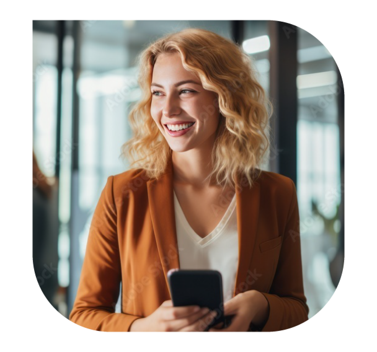 A picture of young woman holding a mobile phone with a smile on her face