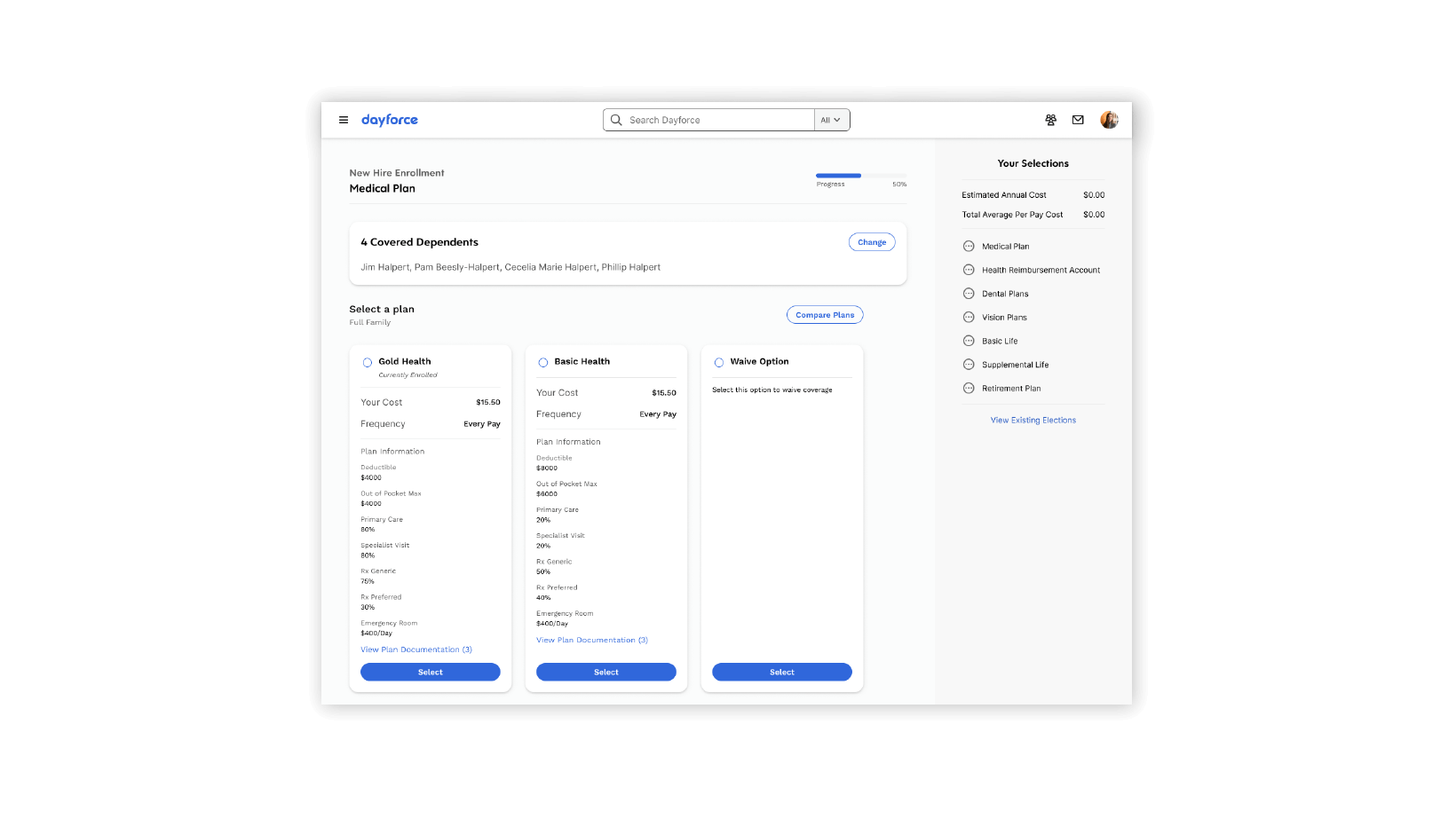 Dayforce new hire medical plan selection window screenshot