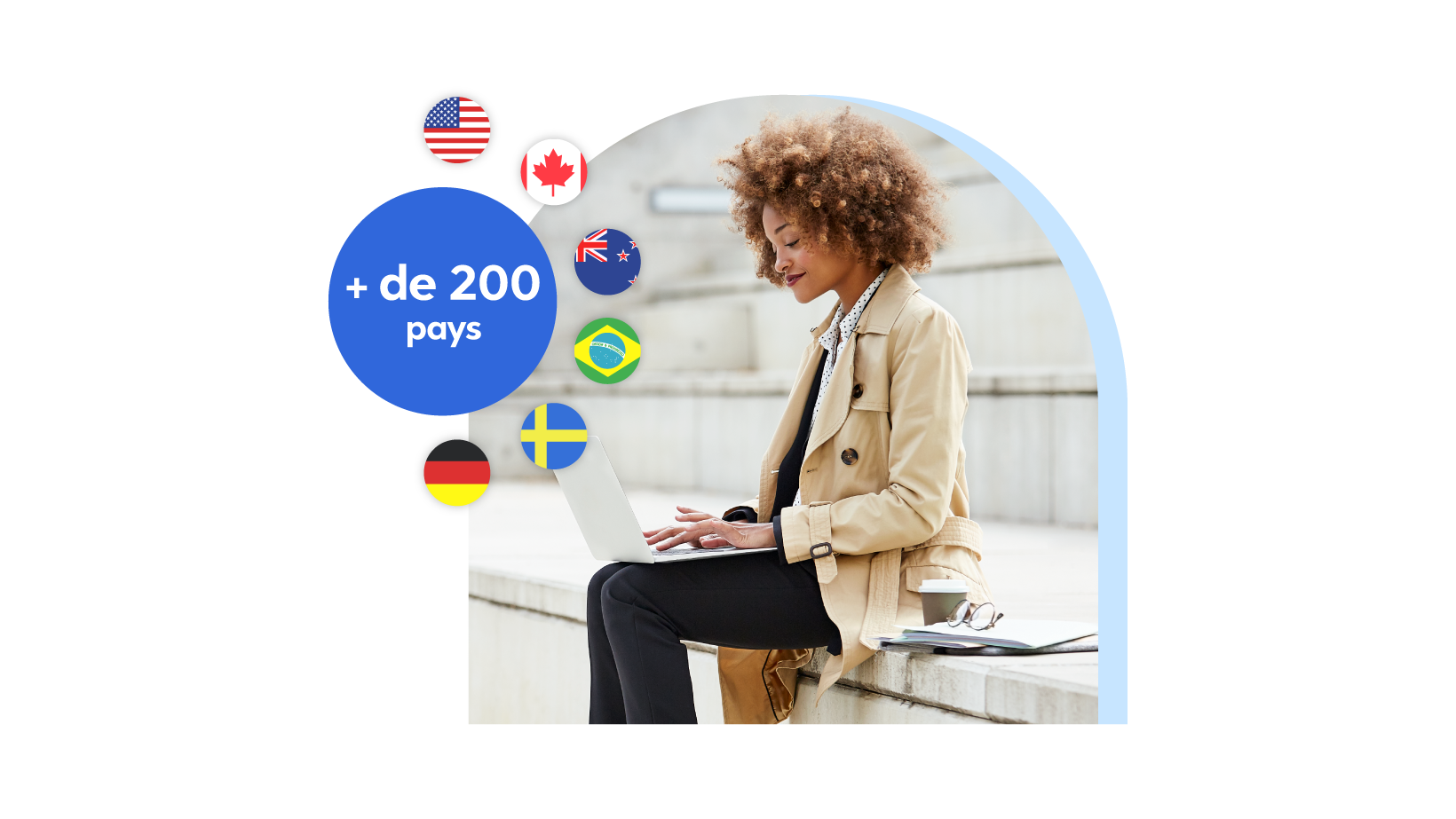 A woman working on a laptop sitting outdoors and labeled text