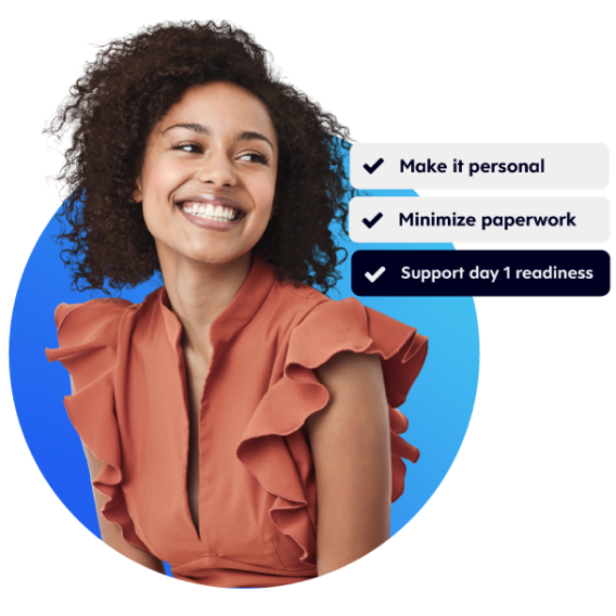 A smiling woman and labeled text