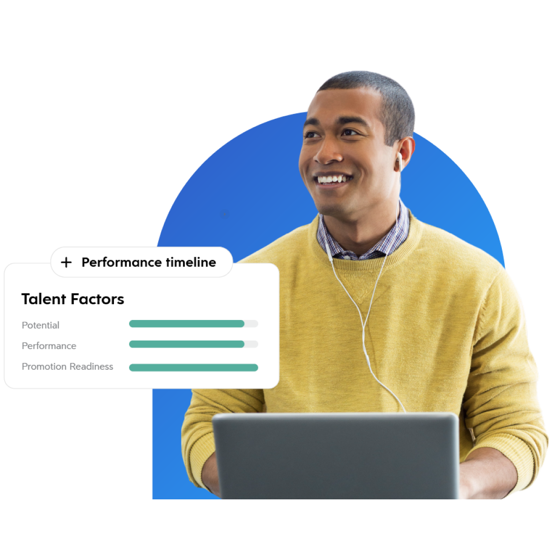 A man working on a laptop with a smile and labeled text