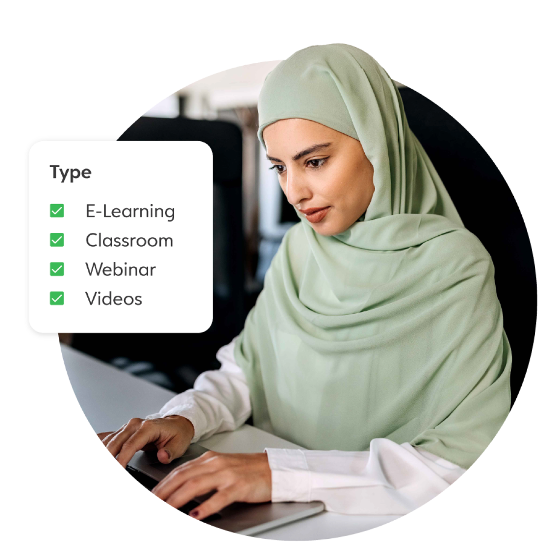 Picture of a woman using laptop and labeled text E-Learning, Classroom, Webinar and Videos