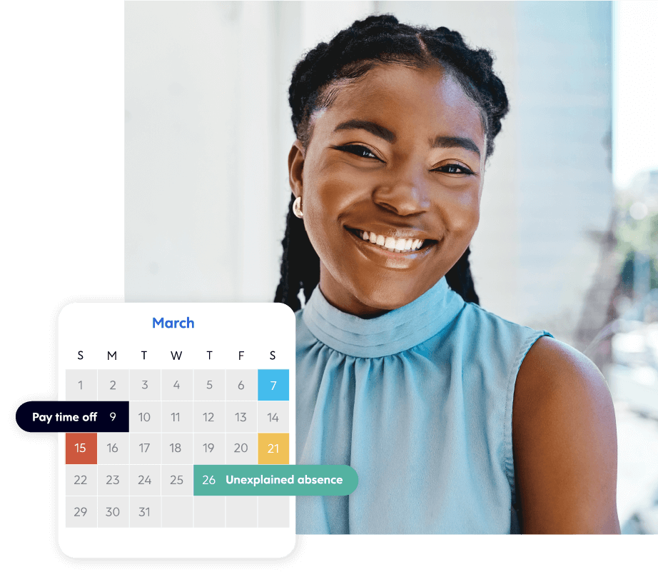A Women with a smiling face and Calendar icon labeled with Pay time off and unexplained absence