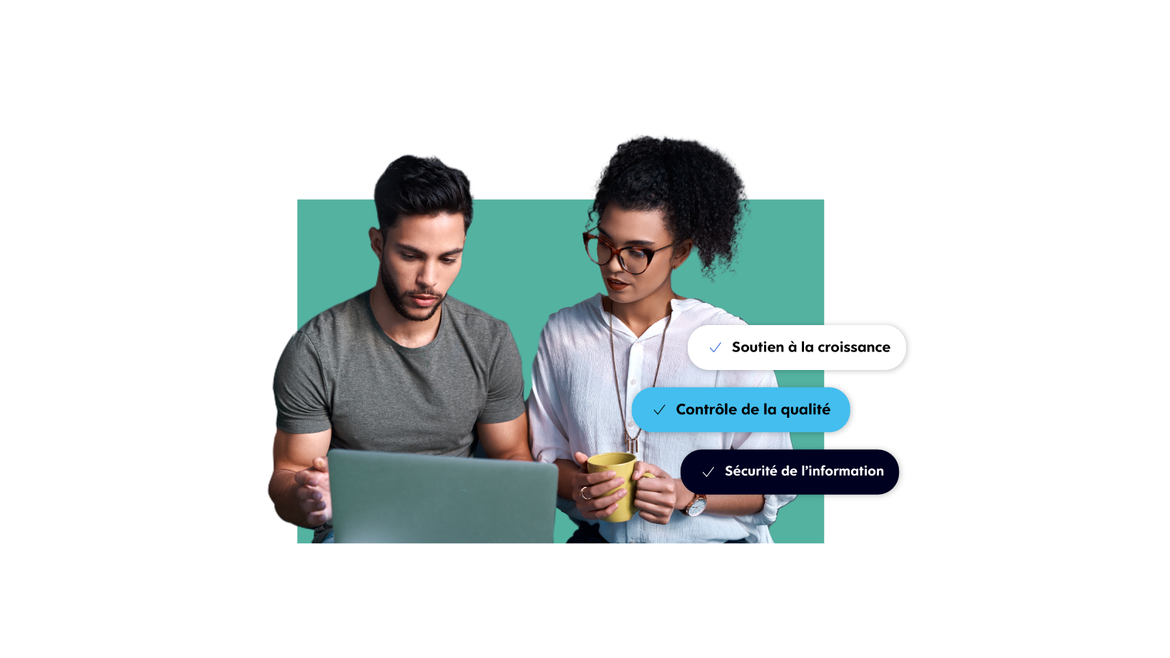 Two young people in discussion at workplace with labeled text in French Support scaling, Quality control and Maintain security