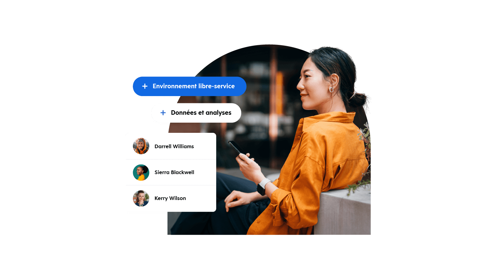 A young woman in yellow shirt gazing sideways with a mobile in hand and labeled text