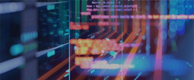 Computer code displayed on an abstract technology background