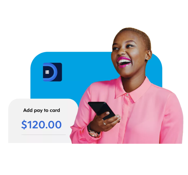 A woman with smiling happy face holding a phone and Dayforce Wallet app icon with label 