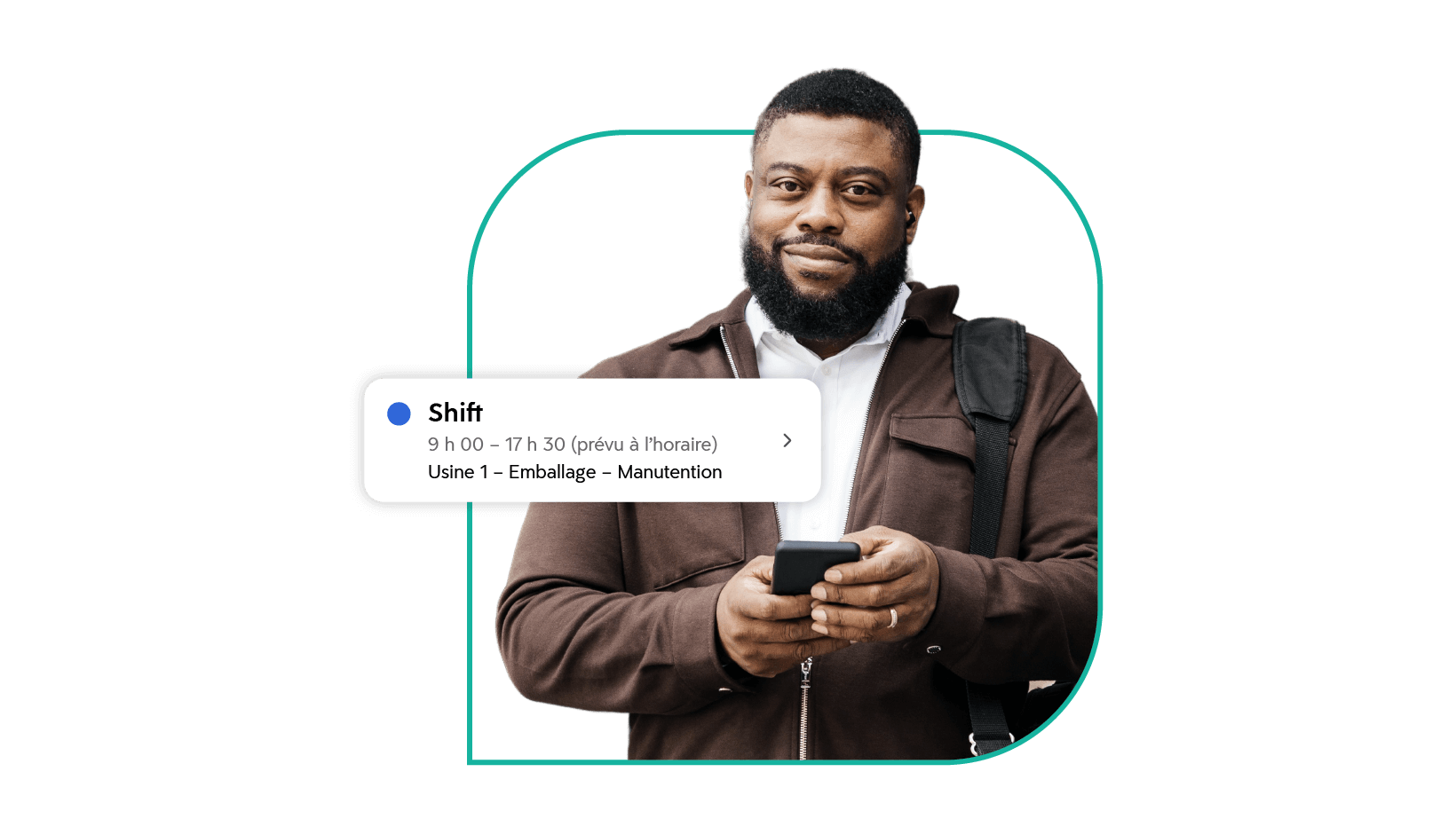 A man with a carry bag and holding phone with labeled text Shift timings in French