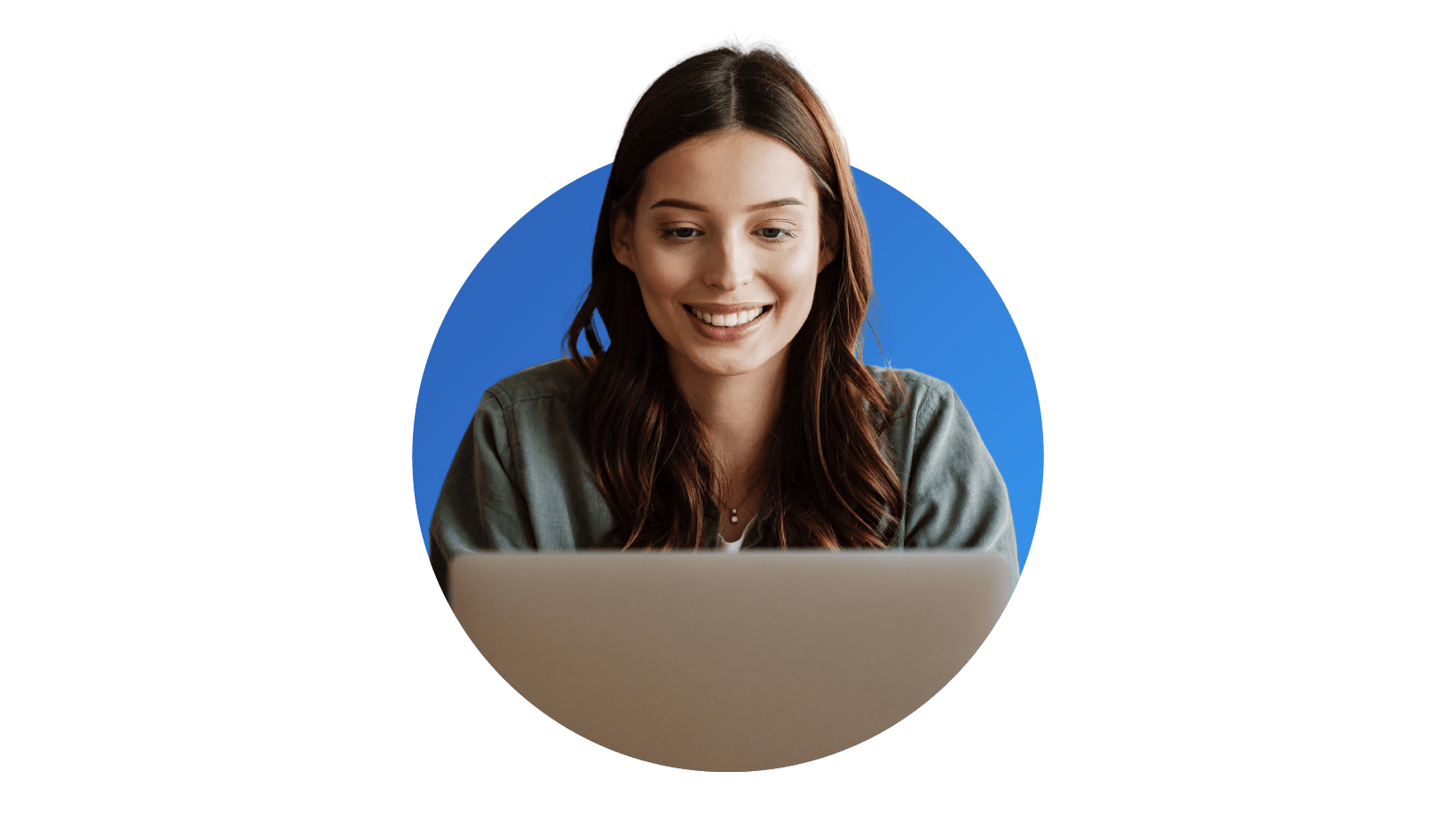 A young woman working on a laptop with a smile on her face