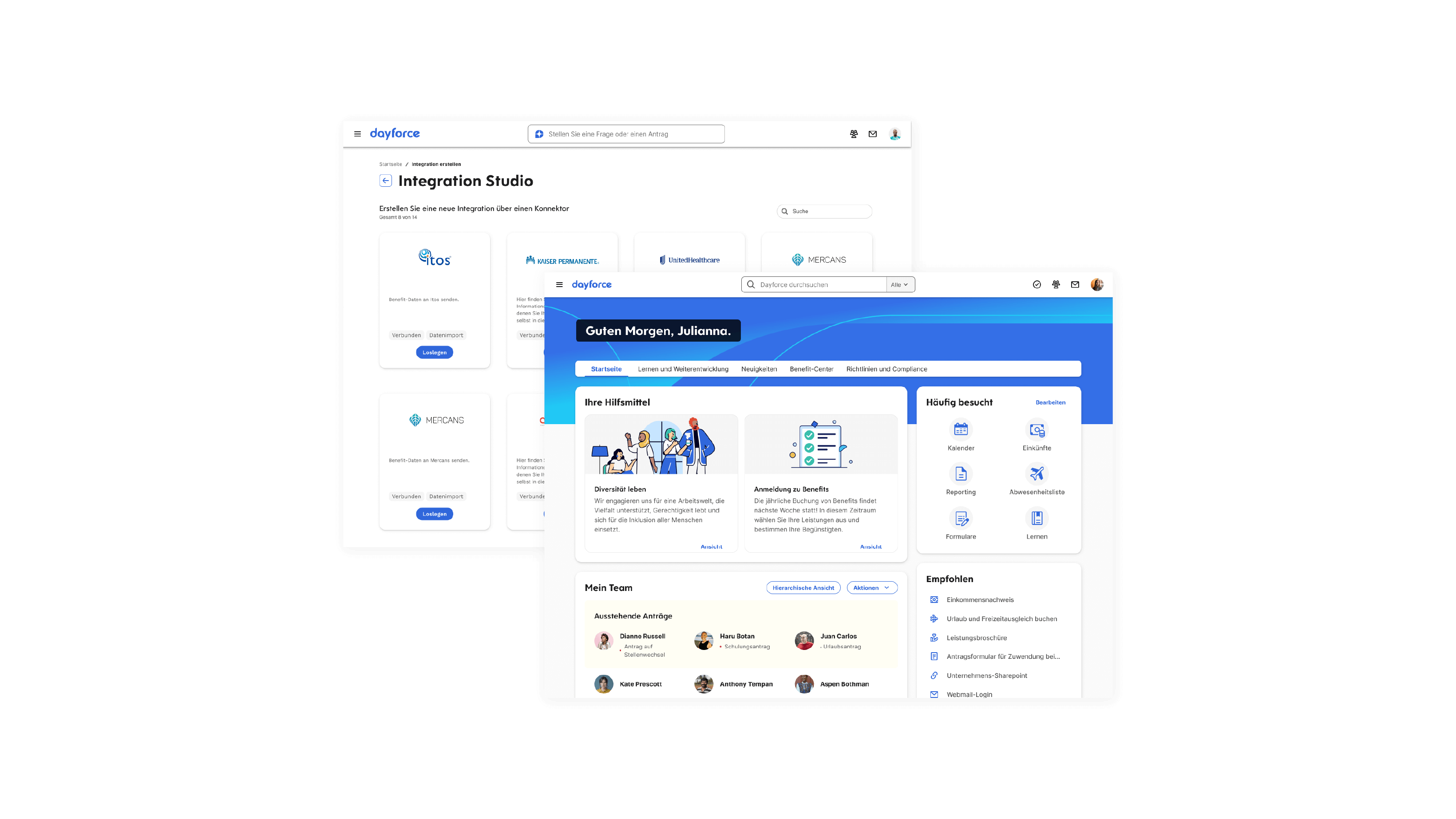Screenshot of Dayforce Integration Studio Home webpage and a Dayforce homepage